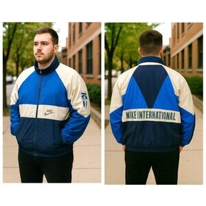 Vintage Nike International Windbreaker Blue Jacket Men XL 90s Patch Swoosh Retro